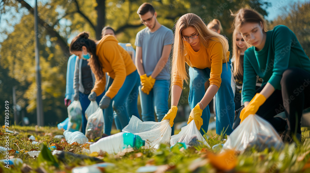 Fototapeta premium Group of eco volunteers picking up plastic trash in city park. Activist people collecting garbage protecting the planet. Ocean pollution, environmental conservation and ecology concept.