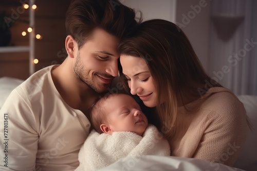Family, parenthood and people concept. Happy young mother, father with new born baby at home
