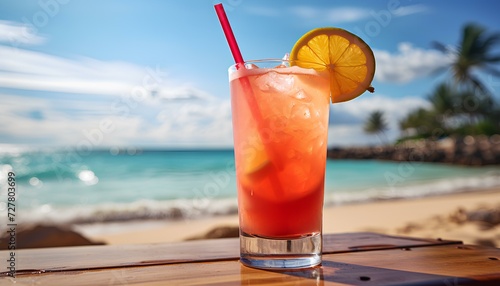 Bahama Mama cocktail on a beach in a tropical destination. Red cocktail with orange slices in sunny location. Red exotic cocktail in a glass