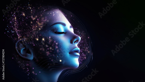 The face of an android woman, covered with microchips, against the background of IT equipment. An allegory of AI intelligence. A woman's face with a polygonal light. banner