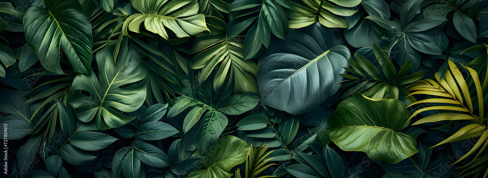 A nature background featuring an abstract green leaf texture. The image showcases dark green tropical leaves in close-up, revealing layered textures and various elements of tropical flora. A nature background featuring an abstract green leaf texture. The image showcases dark green tropical leaves in close-up, revealing layered textures and various elements of tropical flora.