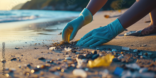 Beach Cleanup Effort Against Microplastics. Gloved hands collect colorful microplastic fragments from sandy beach, environmental protection concept.