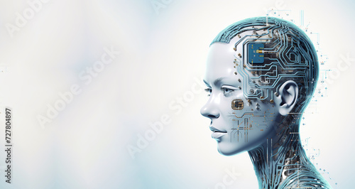 technology concept. Cyborg woman with white hair and blue eyes. 3d rendering, ai generative. banner.