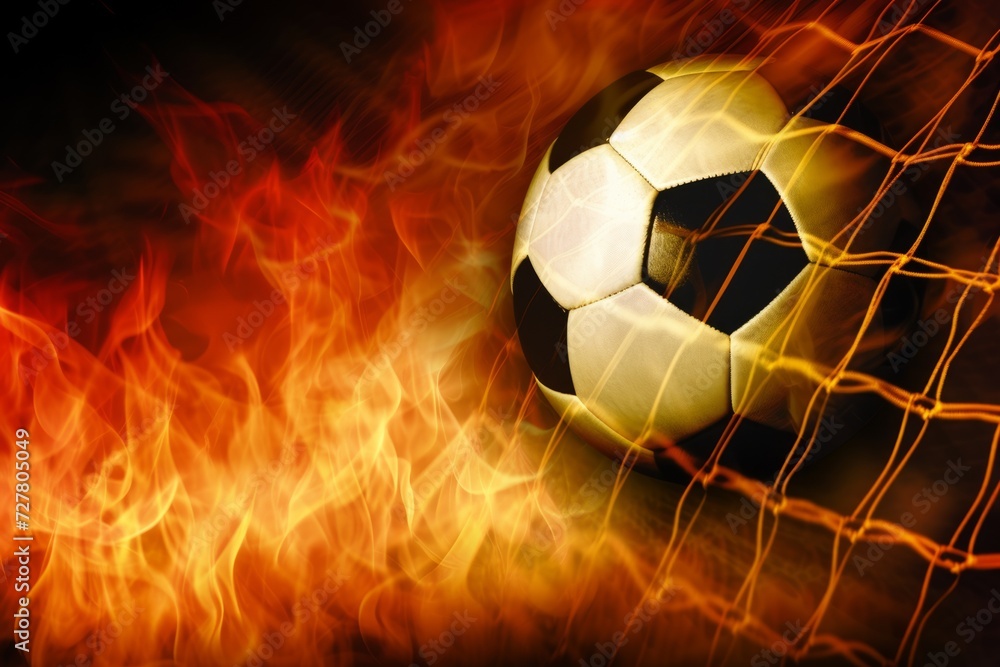 Naklejka premium Fly the soccer ball into the goal with fire. place for the text