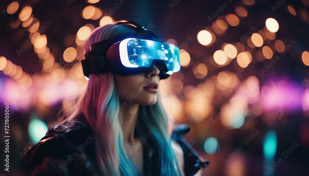 Youthful fashionable lady wearing virtual reality spectacles and headgear
