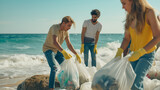 A group of female and male volunteers wearing rubber gloves, picking up trash in plastic bags on the beach on a sunny day.Generative AI