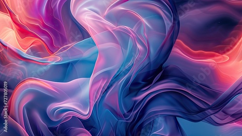Abstract flowing pattern transparent satin textile in a gradient from violet to red