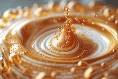 An abstract close-up of swirling milk in coffee, capturing the dynamic and ephemeral patterns created by the mixing liquids. Concept of fluid dynamics in coffee art. Generative Ai. photo