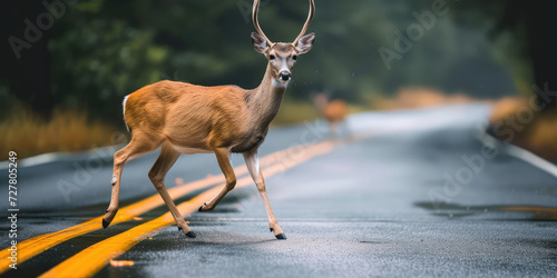 Wild Deer with horns Crossing Suburban Road. Deer running across roadway in backcountry, animal danger on road, scene blending wildlife and urban environment.