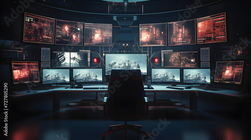 Control room with multiple monitors and keyboard.