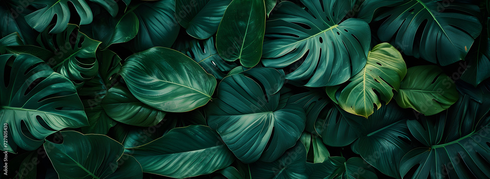 A nature background featuring an abstract green leaf texture. The image showcases dark green tropical leaves in close-up, revealing layered textures and various elements of tropical flora. A nature background featuring an abstract green leaf texture. The image showcases dark green tropical leaves in close-up, revealing layered textures and various elements of tropical flora.