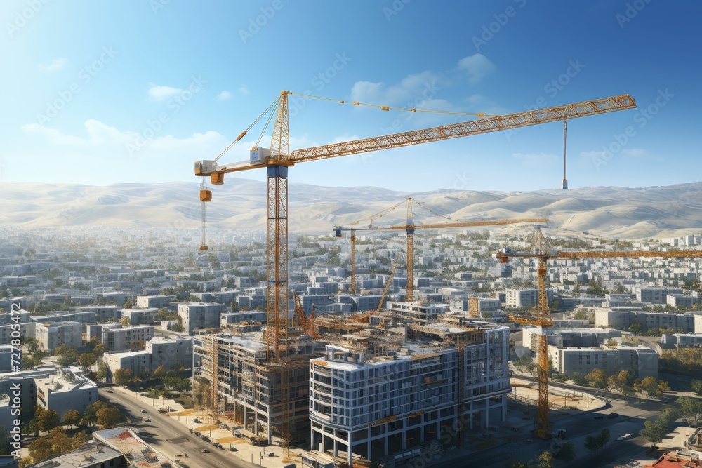 Construction tower cranes against the background of buildings and a picturesque sky with clouds