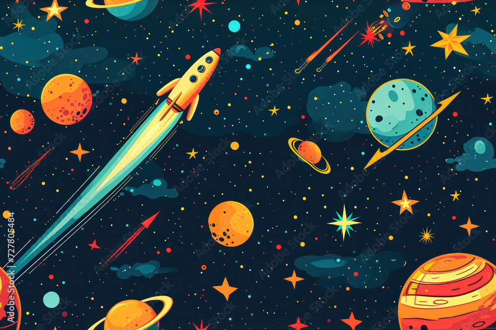 Space Adventures: Cartoon Rocket Flying through a Colorful Universe Pattern with Cute Astronaut and Planets in Seamless Hand-Drawn Illustration on Blue Night Sky Background