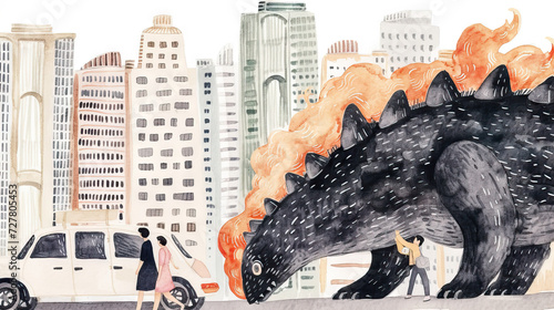 big monster destroying city skyline. Illustration. Watercolor.