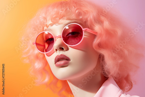 Stylish female model posing with coral pink curly hair and oversized round sunglasses against a vibrant background.