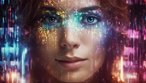 The human face is made up of vivid and mosaic-like digital pixels, 