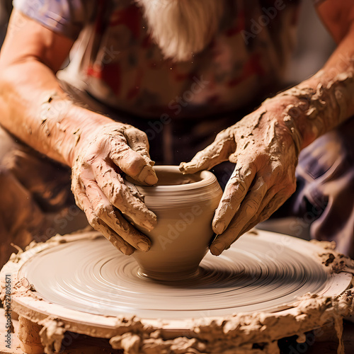 A pair of hands sculpting clay on a potters wheel.