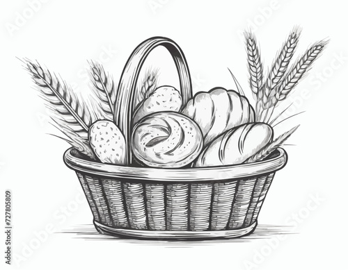 Basket with wheat and fresh bread. Bakery products  sketch illustration