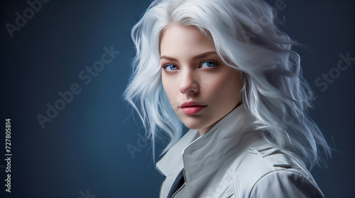 Portrait of young white haired woman in futuristic style