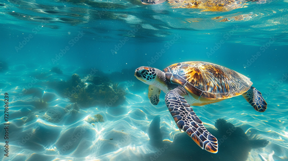 Obraz premium Sea turtle in crystal clear water.