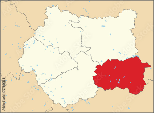 Red flat blank highlighted location map of the METROPOLITAN BOROUGH AND CITY OF WAKEFIELD inside beige administrative local authority districts map of West Yorkshire, England