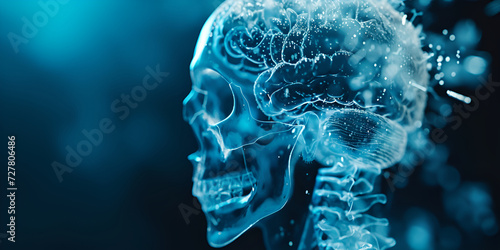 Human skull glow Brain CT scan  takes approximately 15 to 30 minutes ,brain  in the sagittal plane for diagnosing brain tumor, stroke, and vascular diseases.  mood disorders, psychological disorder in photo
