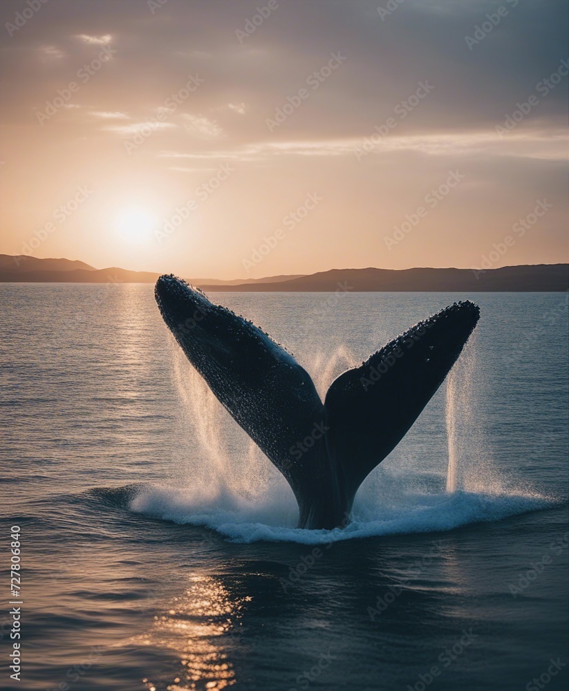 Fototapeta premium big whale with pointed fins skipping in blue ocean water with foam, sunset 