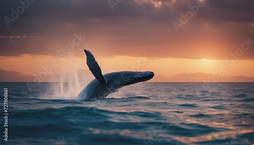 big whale with pointed fins skipping in blue ocean water with foam, sunset   © abu