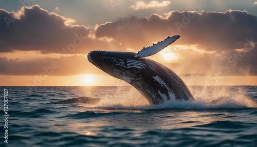 big whale with pointed fins skipping in blue ocean water with foam, sunset 