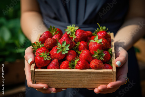 Red, Juicy Strawberry - Organic Delight in a Farmer's Hand, Surrounded by Freshness and Nature's Bounty