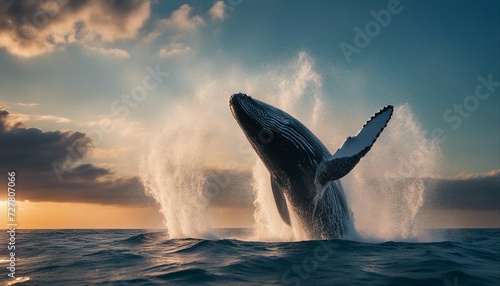 big whale with pointed fins skipping in blue ocean water with foam, sunset   © abu