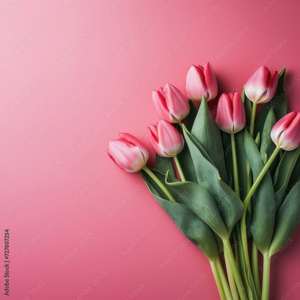 Fototapeta premium Bouquet of pink tulips on a pink background with copy space