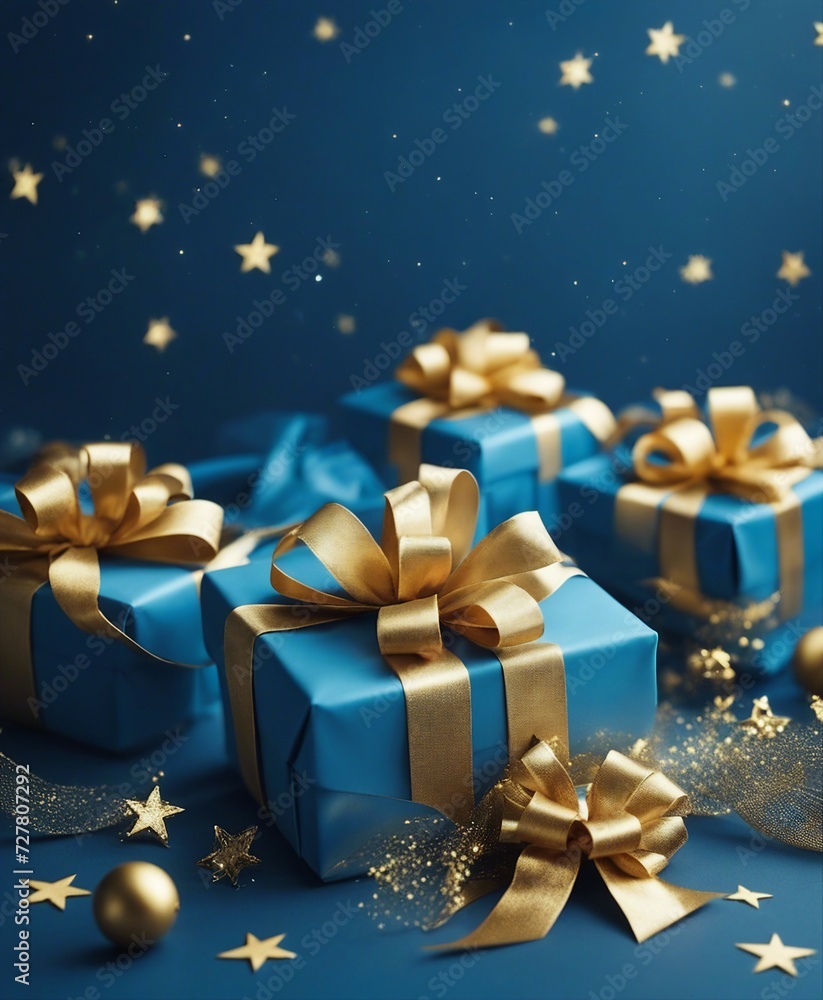 blue gifts with golden bows and ribbons placed on blue background near stars
blue gifts with golden bows and ribbons placed on blue background near stars