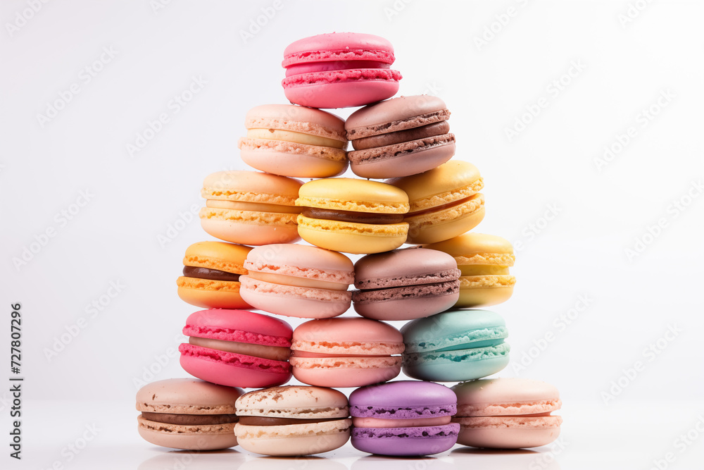 Vibrant, stacked macarons in various colors against a clean, white backdrop. Ideal for bakery menus or dessert advertisements. Copy space available. Vibrant, stacked macarons in various colors against a clean, white backdrop. Ideal for bakery menus or dessert advertisements. Copy space available.