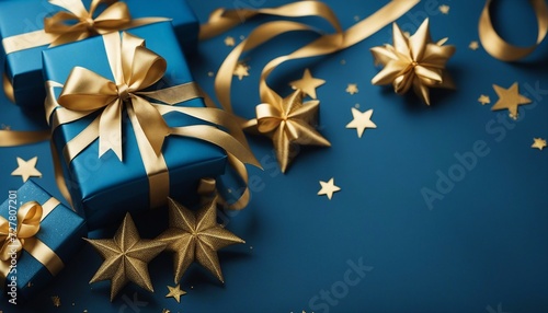 blue gifts with golden bows and ribbons placed on blue background near stars

