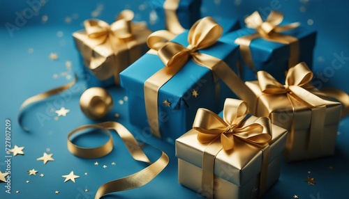 blue gifts with golden bows and ribbons placed on blue background near stars 