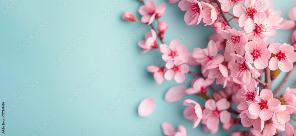 Spring blossom pink flowers on blue pastel background. Greeting card. Copy space