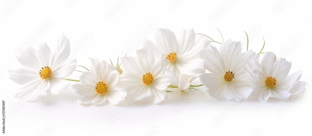 Fototapeta premium White Cosmos Flowers Isolated on a White Background: A Delicate Display of White Cosmos Flowers in a Serene and Impressive Isolated Setting