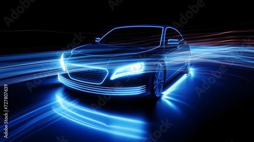 blue car lights at night. long exposure. Generative AI. © mfz