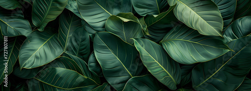 A nature background featuring an abstract green leaf texture. The image showcases dark green tropical leaves in close-up  revealing layered textures and various elements of tropical flora.