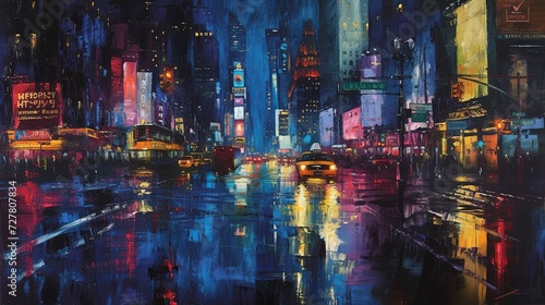 A bustling cityscape at night, with the lights of buildings reflecting off wet streets. Oil painting. 