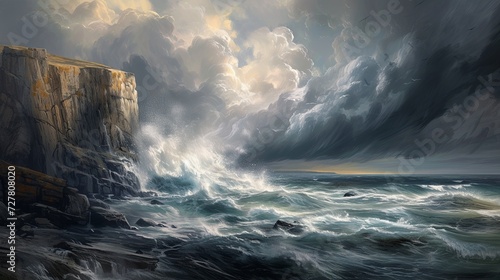 A maritime scene where mighty waves crash against rugged cliffs under a stormy sky. Oil painting. 