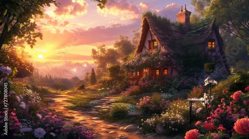 A scene of a cozy cottage garden at sunset, with flowers in full bloom. Oil painting.