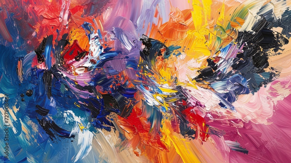 An abstract composition where bold, swirling colors meet in a dynamic clash. Oil painting.
