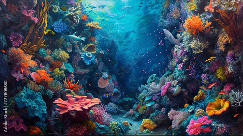 An underwater scene, teeming with colorful coral and marine life. Oil painting. 