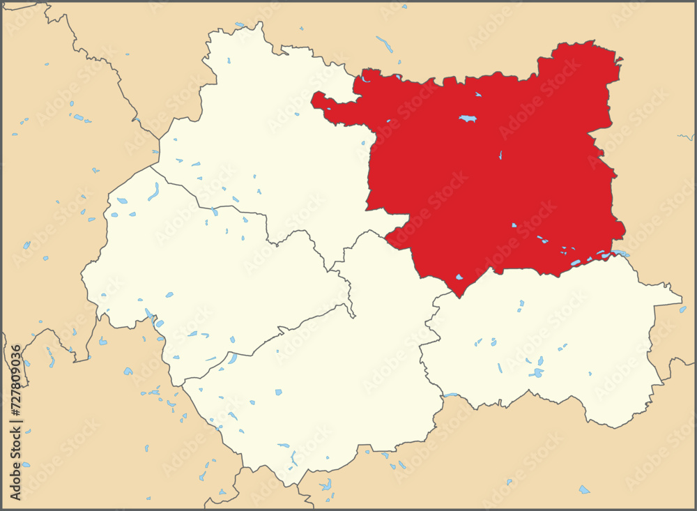 Red flat blank highlighted location map of the METROPOLITAN BOROUGH AND CITY OF LEEDS inside beige administrative local authority districts map of West Yorkshire, England