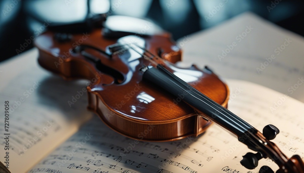 Fototapeta premium glossy polished violin and music notebook