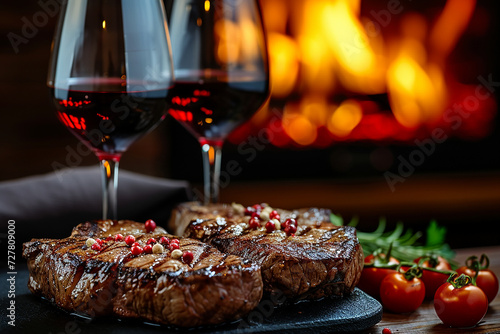 romantic dinner meat steak with a glass of wine on the background of a fireplace fire.