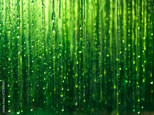Raindrops on glass for green backdrop rainy fall autumn weather. Abstract backgrounds with rain drops on window and blurred day sky. Outside window is blurred bokeh water background. Copy space