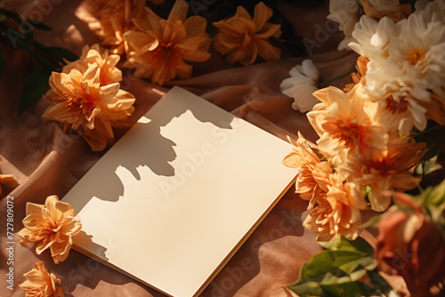 Blank card nestled in vibrant orange and white flowers. Concept  Invitations  spring events  romantic messages.